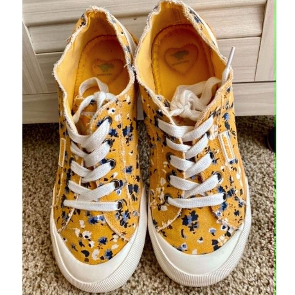Rocket Dog Women’s 7.5 Floral Print Canvas Lace-Up Sneakers Yellow Blue White